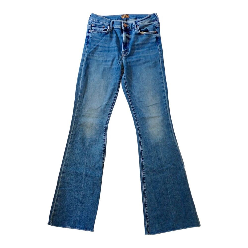 MOTHER Jeans 29 The Weekender Fray Flare Raw Hem Mid Rise Denim Walking on Coals